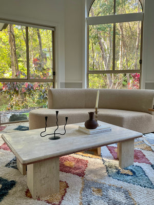 Two tone rose and cream thick Edge Travertine Coffee Table