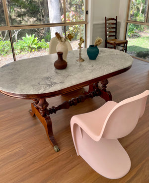 Oval Marble and Carved Wood Dining Table